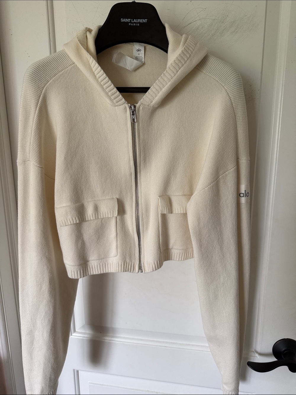 ALO Yoga Cream Zip-Up Cropped Hoodie Jacket